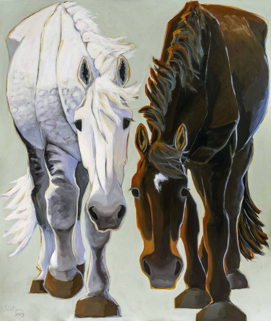 Painting of two horses - one white and one brown